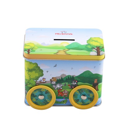 Custom printing design cute kids metal money box tin coin bank with slot and wheels